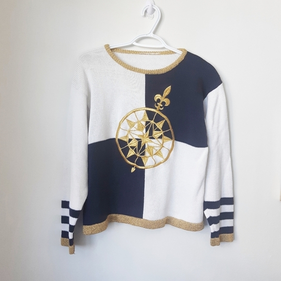 Sweaters - Vintage Nautical Blue, White & Gold Sweater